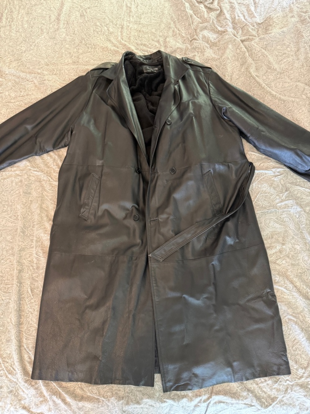 Classic Black Leather Trench Coat with Removable Belt